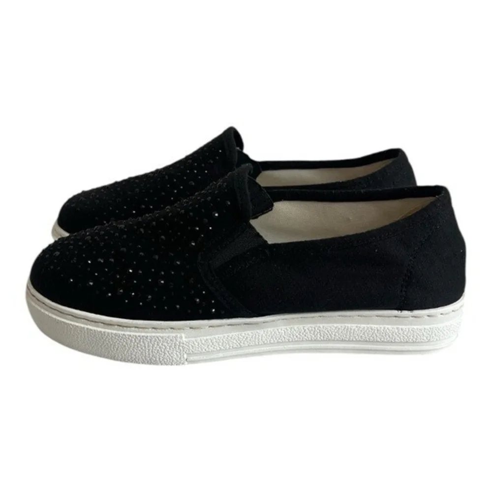 Just Lida Black Canvas Rhinestone Studded Slip-On Loafers Flats US 8.5
